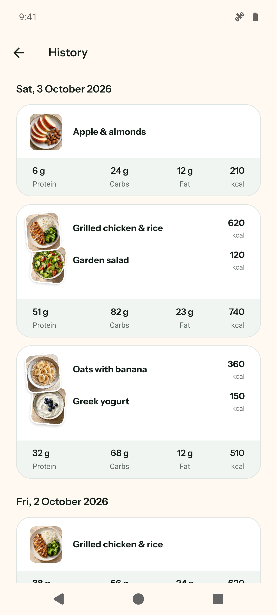 BiteMemo Android Journal with saved sample meals, calories, and macros